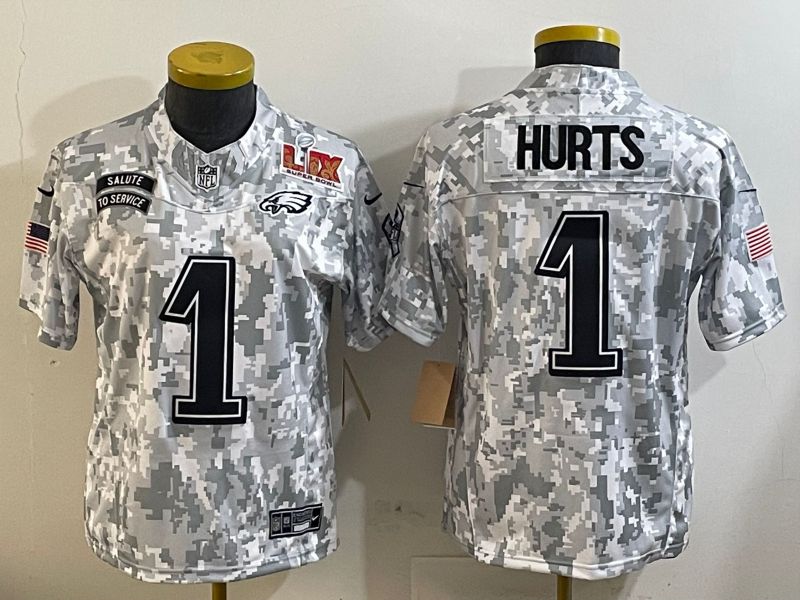 Youth Philadelphia Eagles #1 Hurts Camo Nike 2025 Salute to Service Limited NFL Jersey style 2